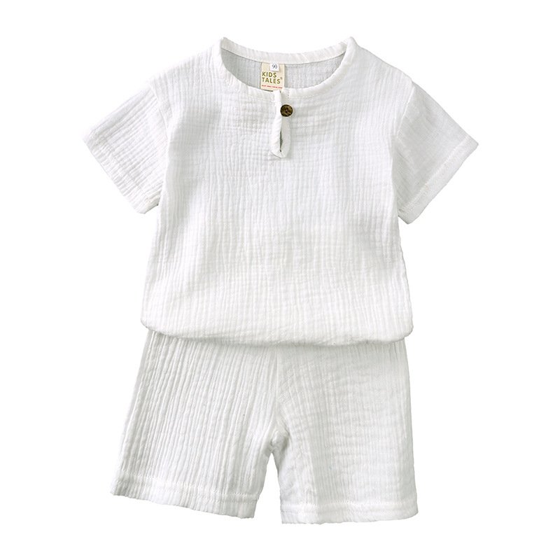 Summer Kids Boys Solid Plain Casual Suit Cotton Linen Short Sleeve T Shirt Shorts Two-piece Boy Clothes Set