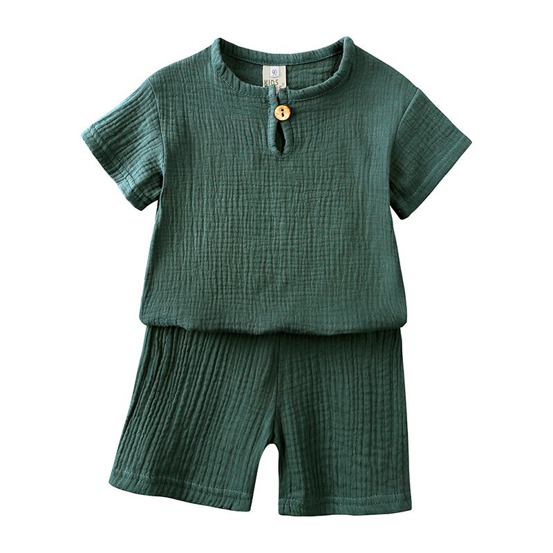 Summer Kids Boys Solid Plain Casual Suit Cotton Linen Short Sleeve T Shirt Shorts Two-piece Boy Clothes Set