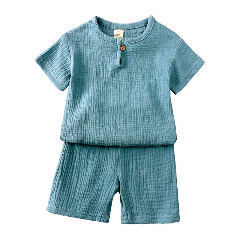 Summer Kids Boys Solid Plain Casual Suit Cotton Linen Short Sleeve T Shirt Shorts Two-piece Boy Clothes Set
