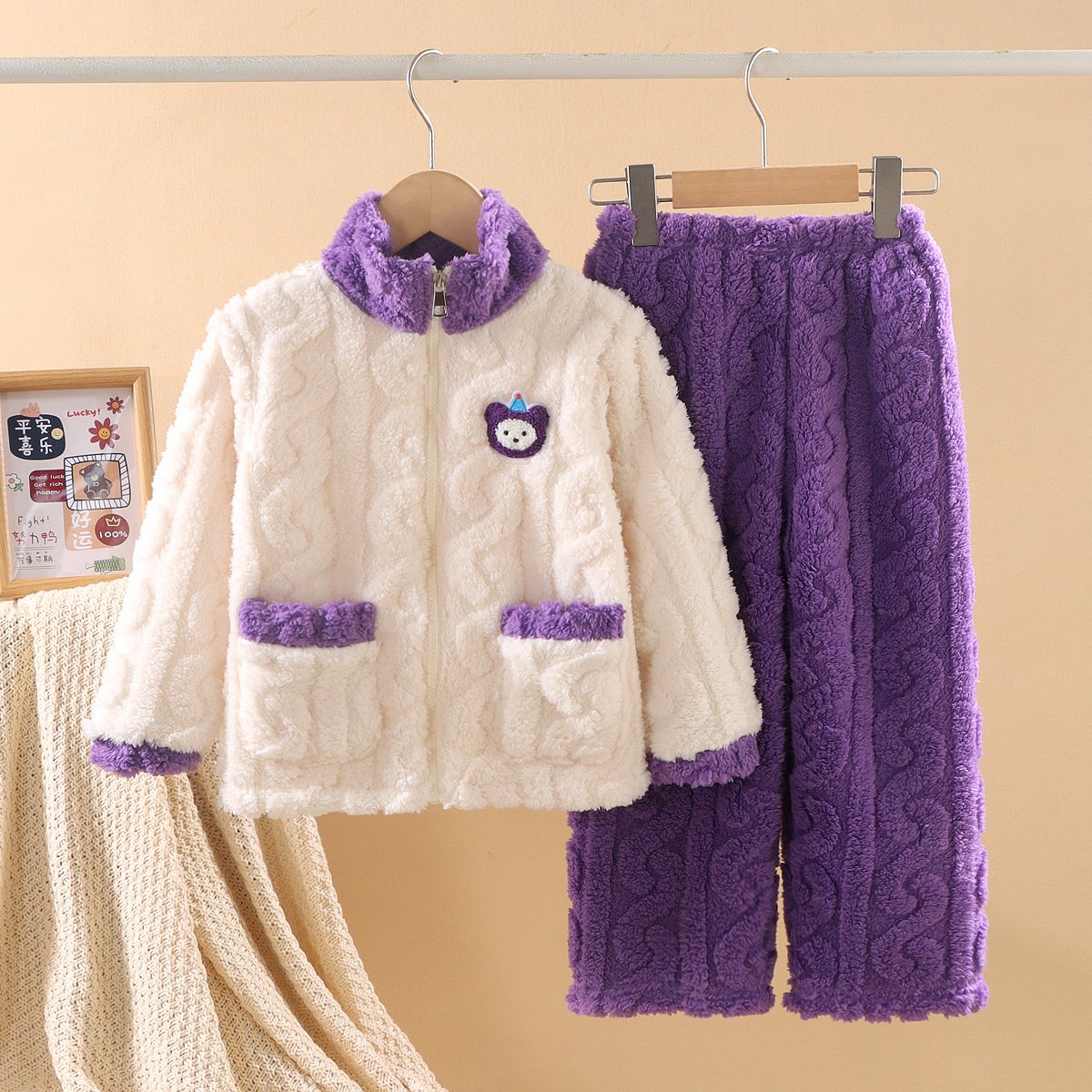 Children's pajamas Boys and girls autumn and winter with wool thickening 1-12 years old new zipper coral velvet home wear
