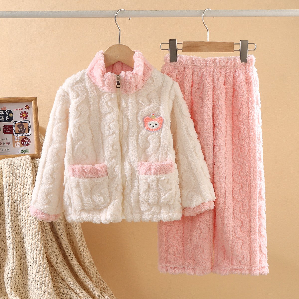 Children's pajamas Boys and girls autumn and winter with wool thickening 1-12 years old new zipper coral velvet home wear