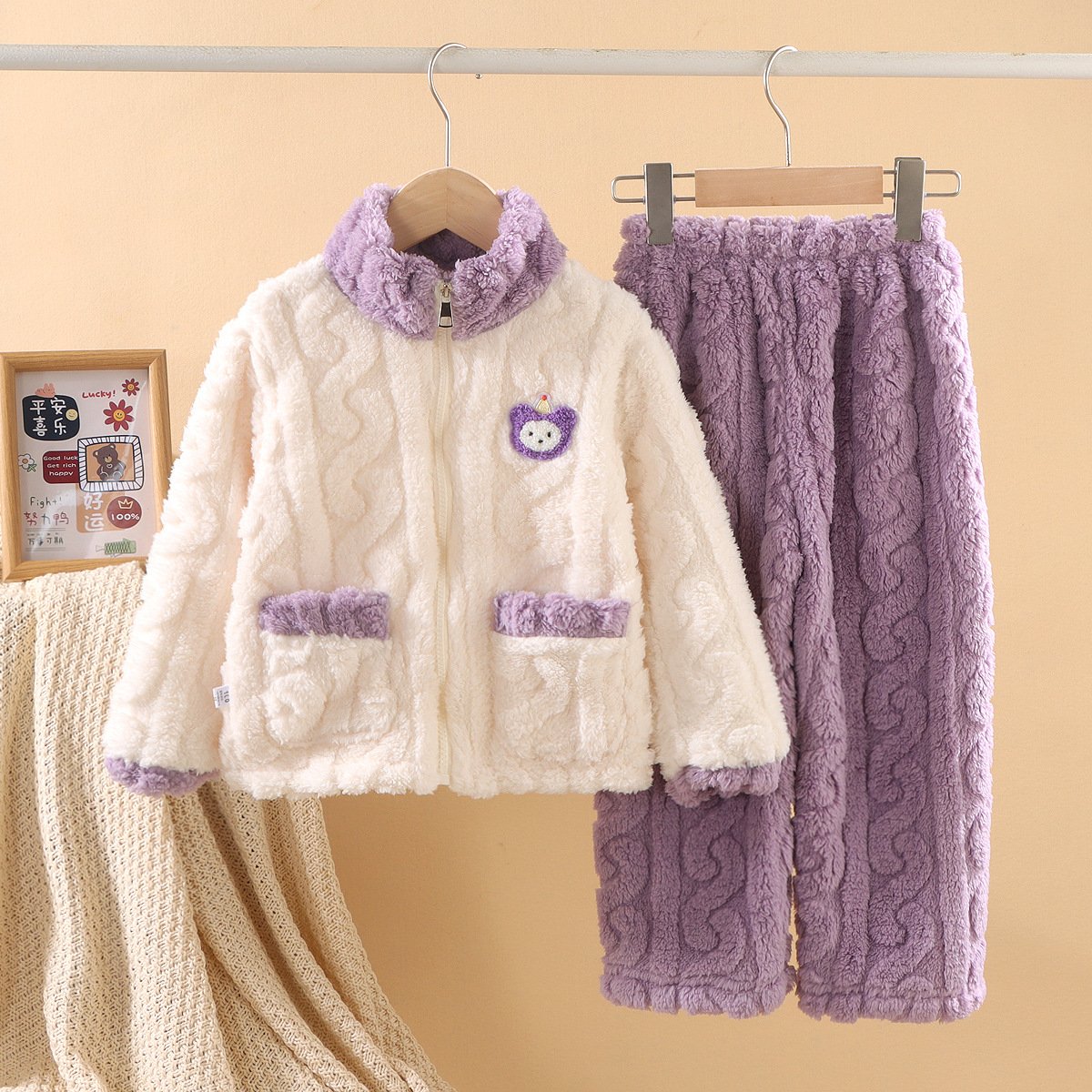 Children's pajamas Boys and girls autumn and winter with wool thickening 1-12 years old new zipper coral velvet home wear