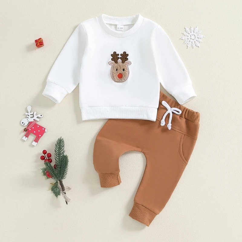 2025 2pcs Cute Christmas Kids Boys Outfits Toddler Baby Sweatshirts Sweatpants Elk Reindeer Christmas Baby Boy Clothes Set