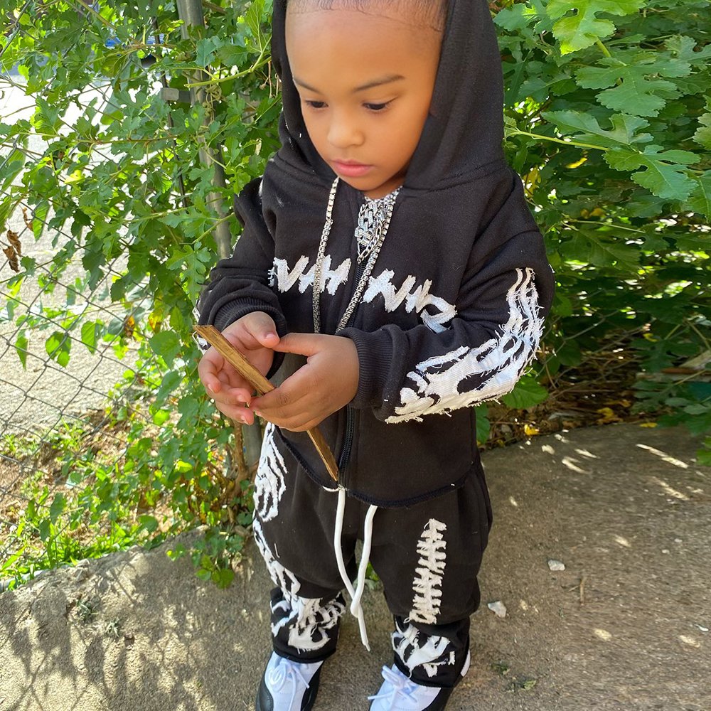 Wholesale Custom Kids Boys Fall Clothes Stacked Flare Sweatsuit Sets With Distressed Embroidery 100% Cotton Girls Tracksuits
