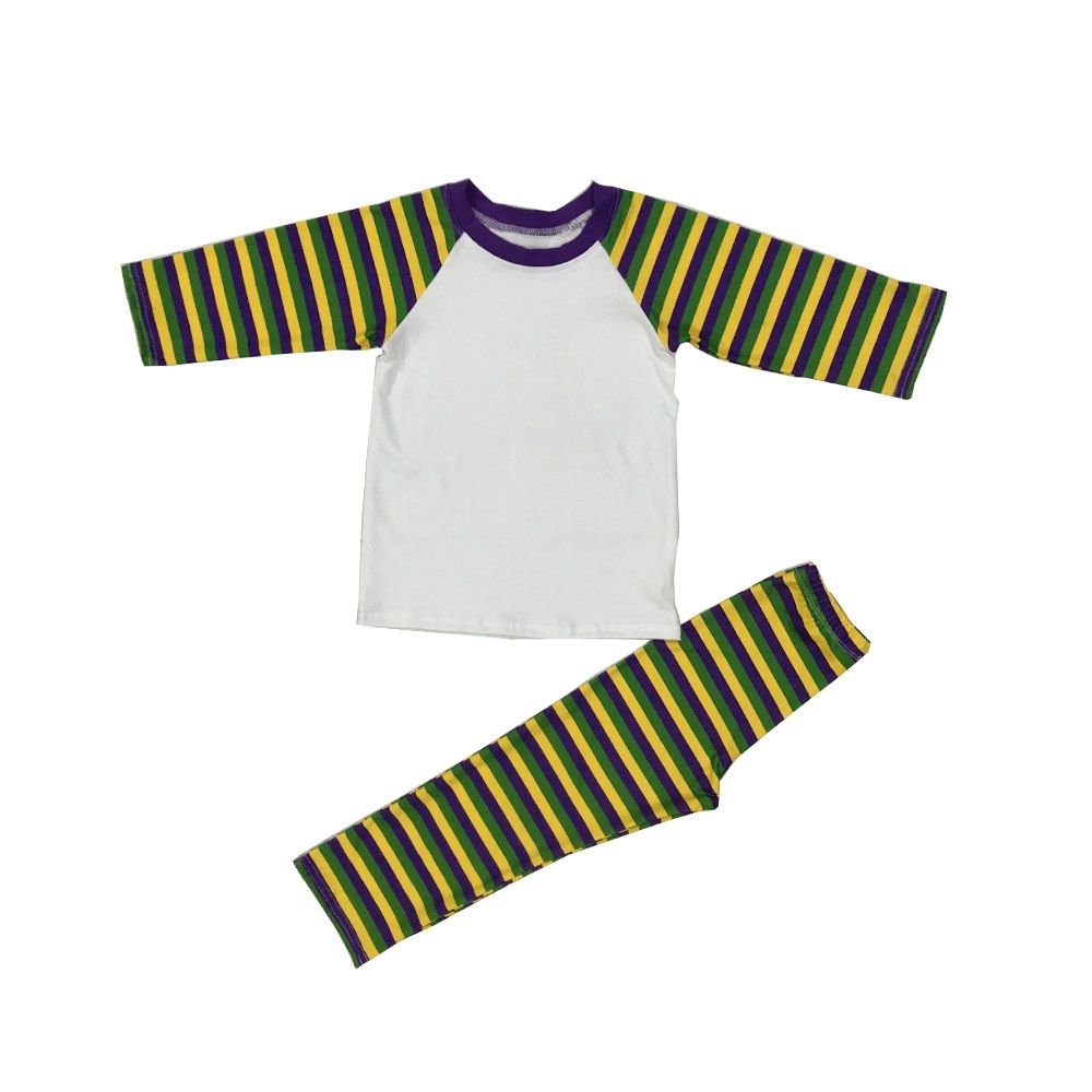 Mardi Gras Toddler Boy Two Piece Outfit Set Golden Purple Green Stripe Little Boy Long Sleeve Raglan Shirt Pants Clothing Set