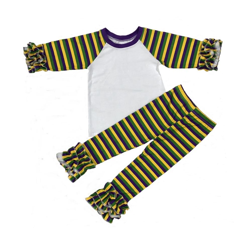 Mardi Gras Toddler Boy Two Piece Outfit Set Golden Purple Green Stripe Little Boy Long Sleeve Raglan Shirt Pants Clothing Set