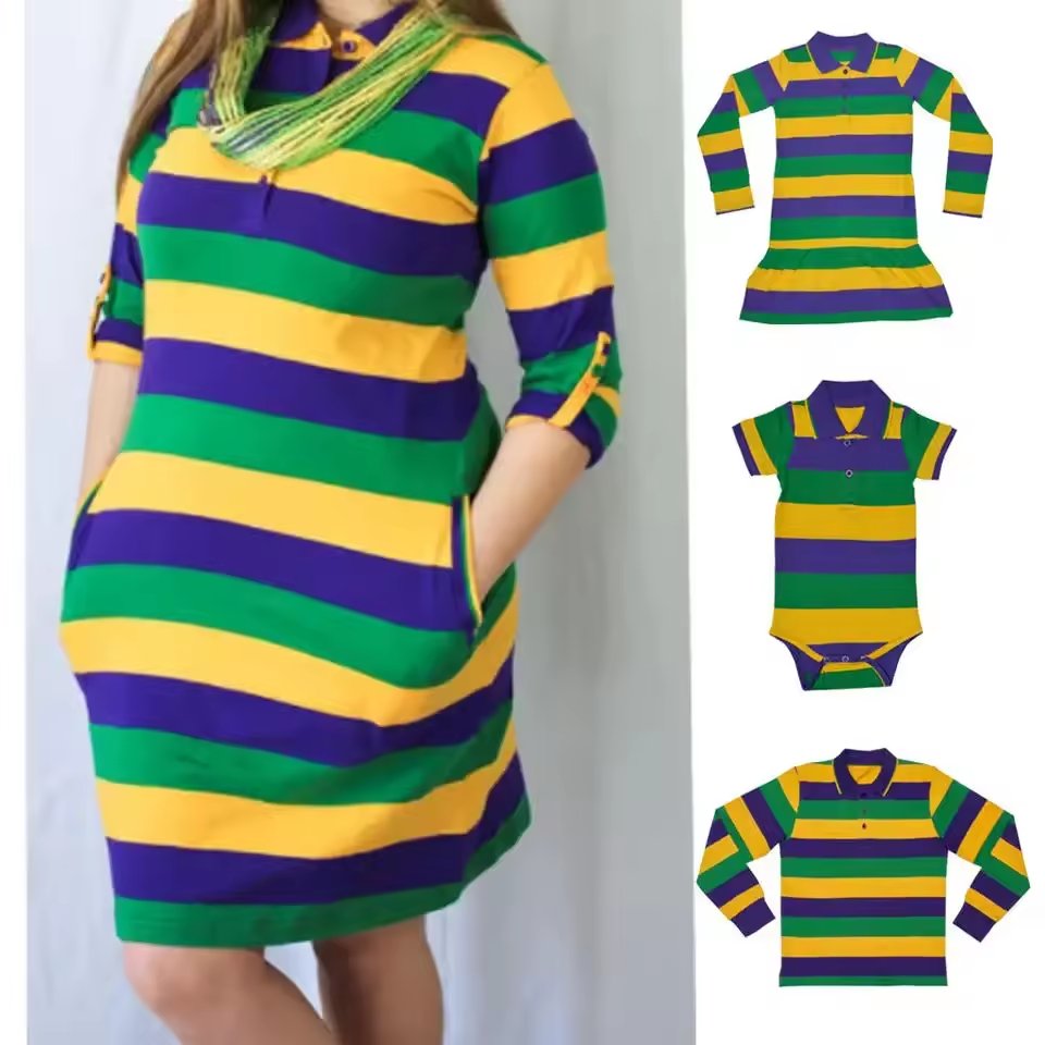 Mardi Gras Toddler Boy Two Piece Outfit Set Golden Purple Green Stripe Little Boy Long Sleeve Raglan Shirt Pants Clothing Set