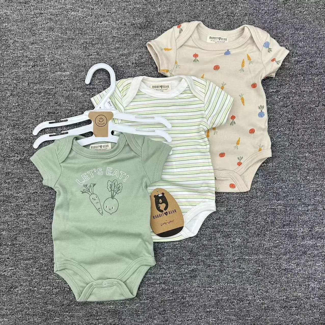 In Stock Soft Organic Cotton Bodysuits Short Sleeve 3Piece Baby Clothes Onesies Romper Infant Summer Clothes for Boys Girls