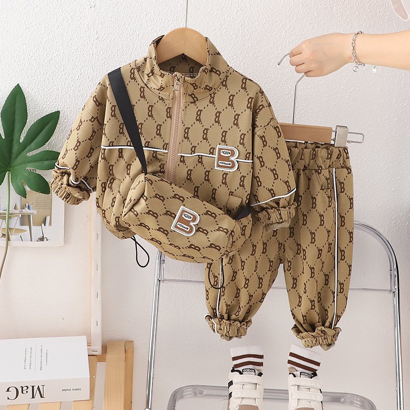 New style autumn Boys 3 pcs clothing set long sleeve letter printed jacket coat + pants + waist bag clothing set for kids