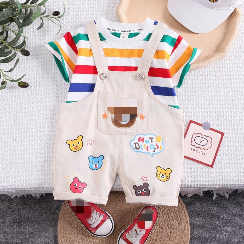 Casual Short Sleeve Rainbow T-Shirt Cartoon Striped Newborn Boy Clothes 2pcs Set Wholesale Bear Suspender Pants Hot Style