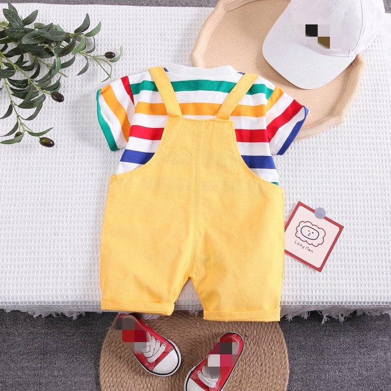 Casual Short Sleeve Rainbow T-Shirt Cartoon Striped Newborn Boy Clothes 2pcs Set Wholesale Bear Suspender Pants Hot Style
