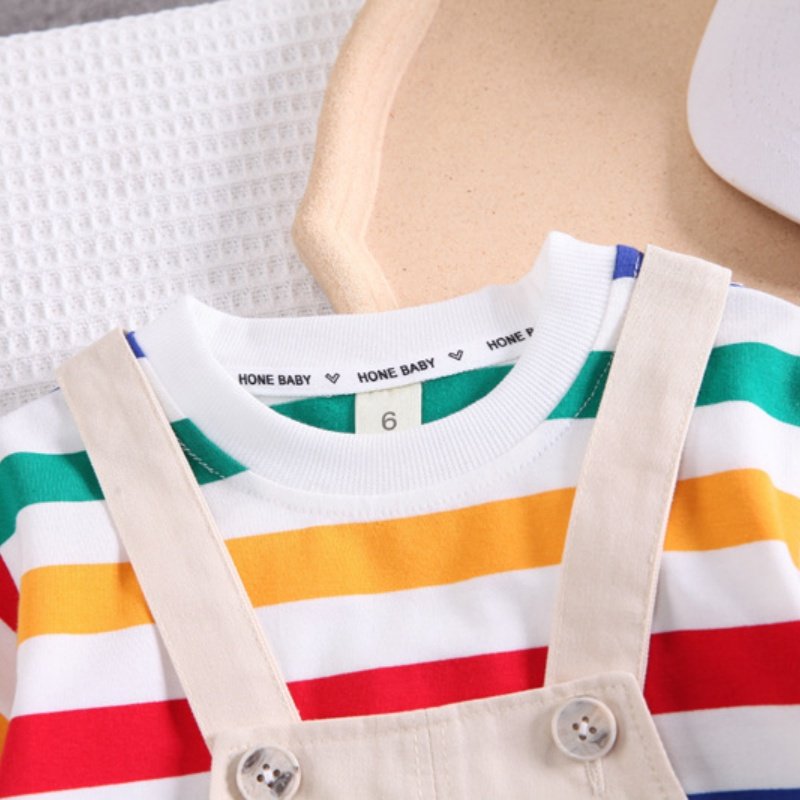 Casual Short Sleeve Rainbow T-Shirt Cartoon Striped Newborn Boy Clothes 2pcs Set Wholesale Bear Suspender Pants Hot Style