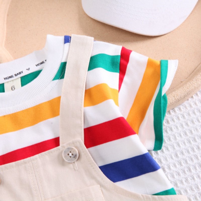 Casual Short Sleeve Rainbow T-Shirt Cartoon Striped Newborn Boy Clothes 2pcs Set Wholesale Bear Suspender Pants Hot Style