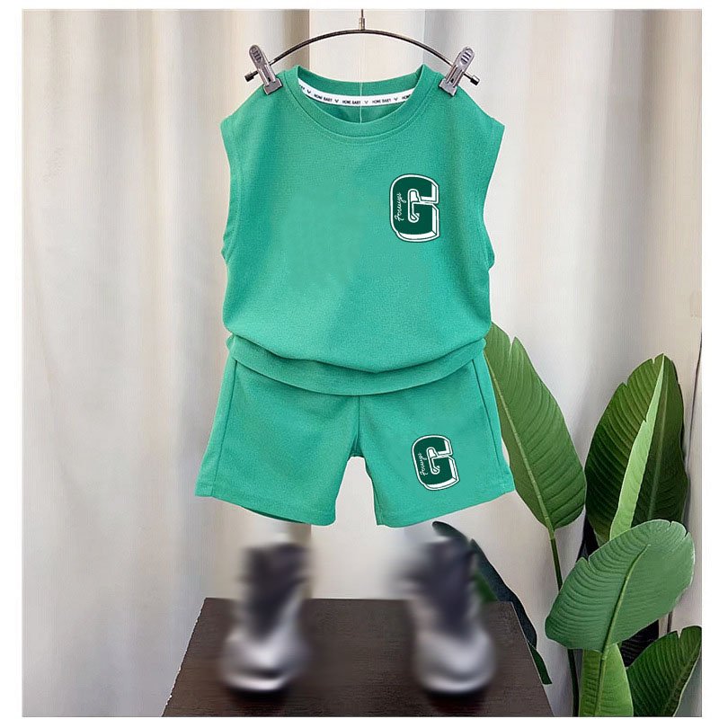 Conyson Wholesale Summer Baby Clothes Fashion Sleeveless Children Cartoon Printed Outfit Kids Clothing Boys' Two Piece Short Set