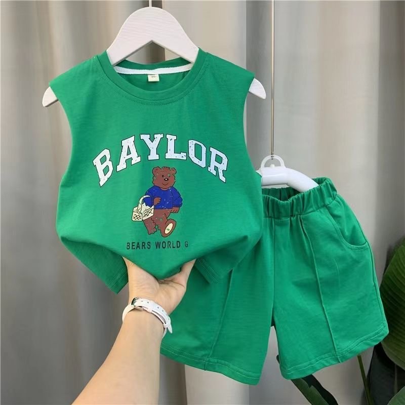 Conyson Wholesale Summer Baby Clothes Fashion Sleeveless Children Cartoon Printed Outfit Kids Clothing Boys' Two Piece Short Set