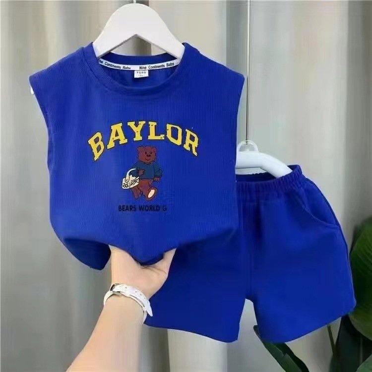 Conyson Wholesale Summer Baby Clothes Fashion Sleeveless Children Cartoon Printed Outfit Kids Clothing Boys' Two Piece Short Set