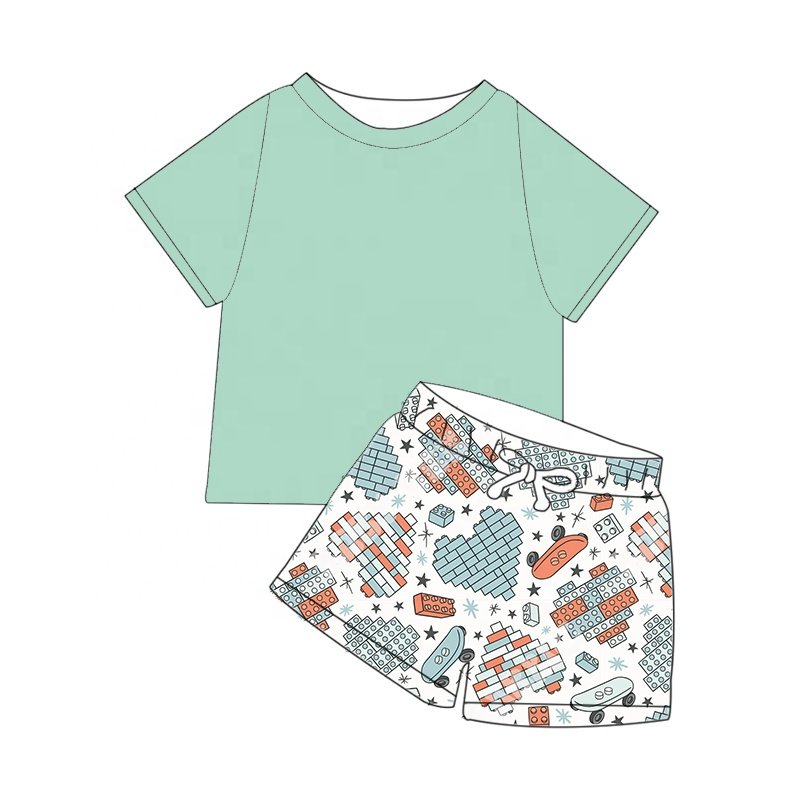 2024 New baby clothing valentine's day love printed shorts solid color short sleeve top two piece set boys' outing clothing set
