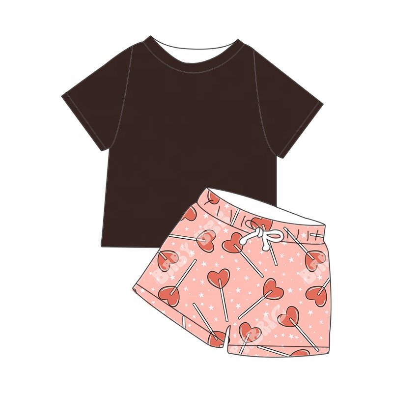 2024 New baby clothing valentine's day love printed shorts solid color short sleeve top two piece set boys' outing clothing set