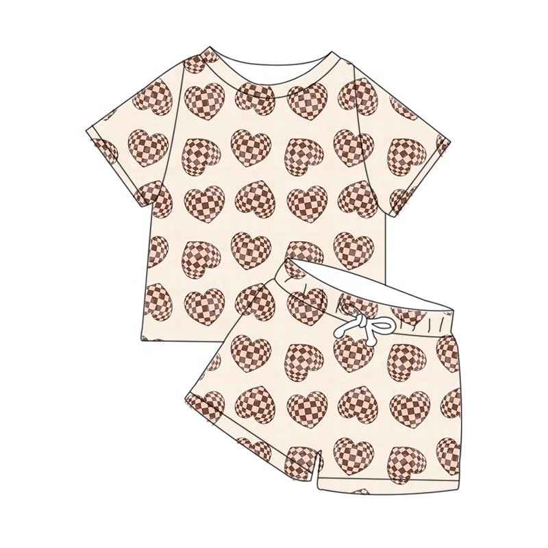 2024 New baby clothing valentine's day love printed shorts solid color short sleeve top two piece set boys' outing clothing set