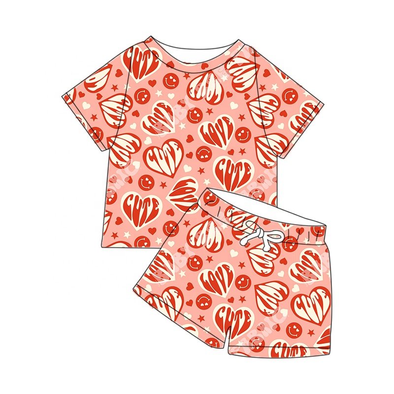 2024 New baby clothing valentine's day love printed shorts solid color short sleeve top two piece set boys' outing clothing set