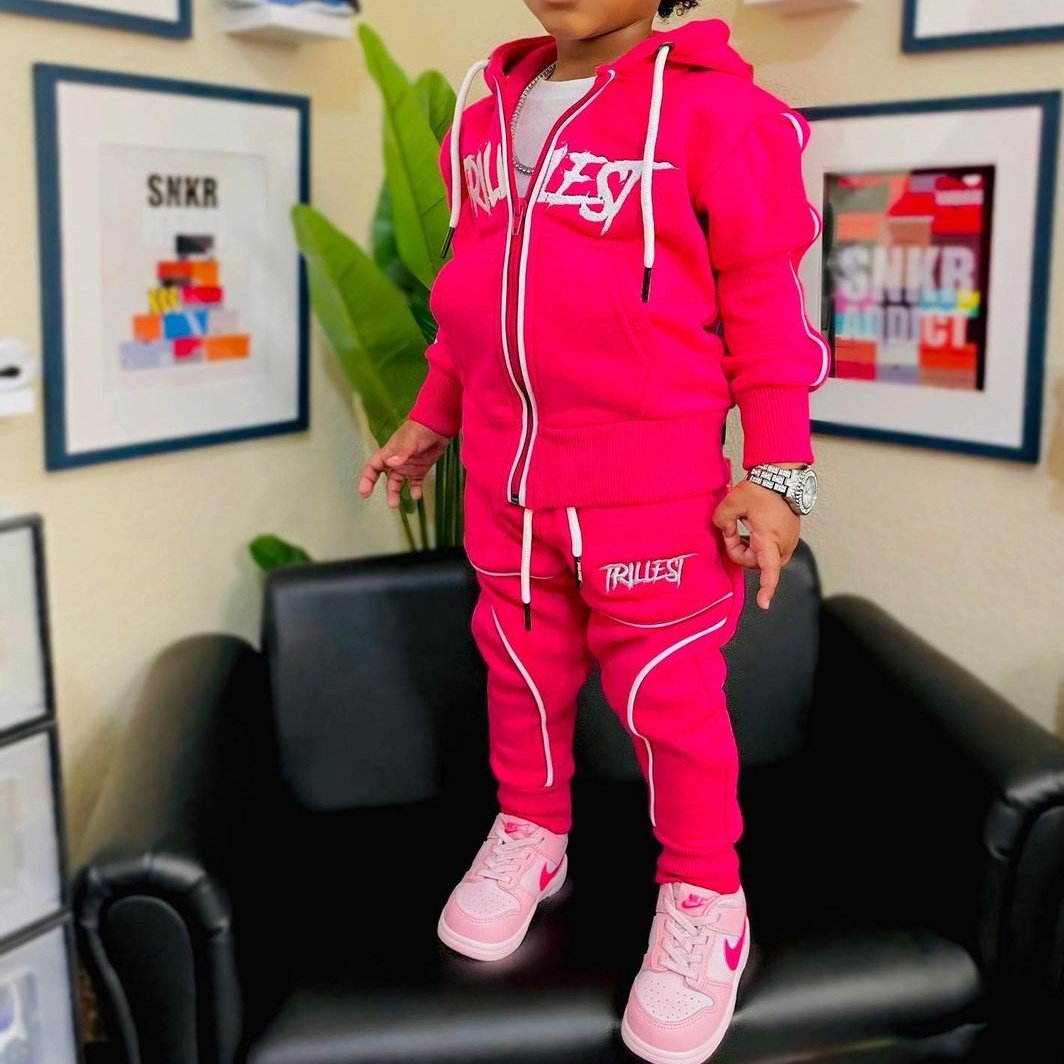 Custom Logo Kids Clothing Sets 3d Embroidery Zip Up Hoodie Cargo Pants Slim Fit Joggers Suit Streetwear Sweatsuit Sweatpants Set