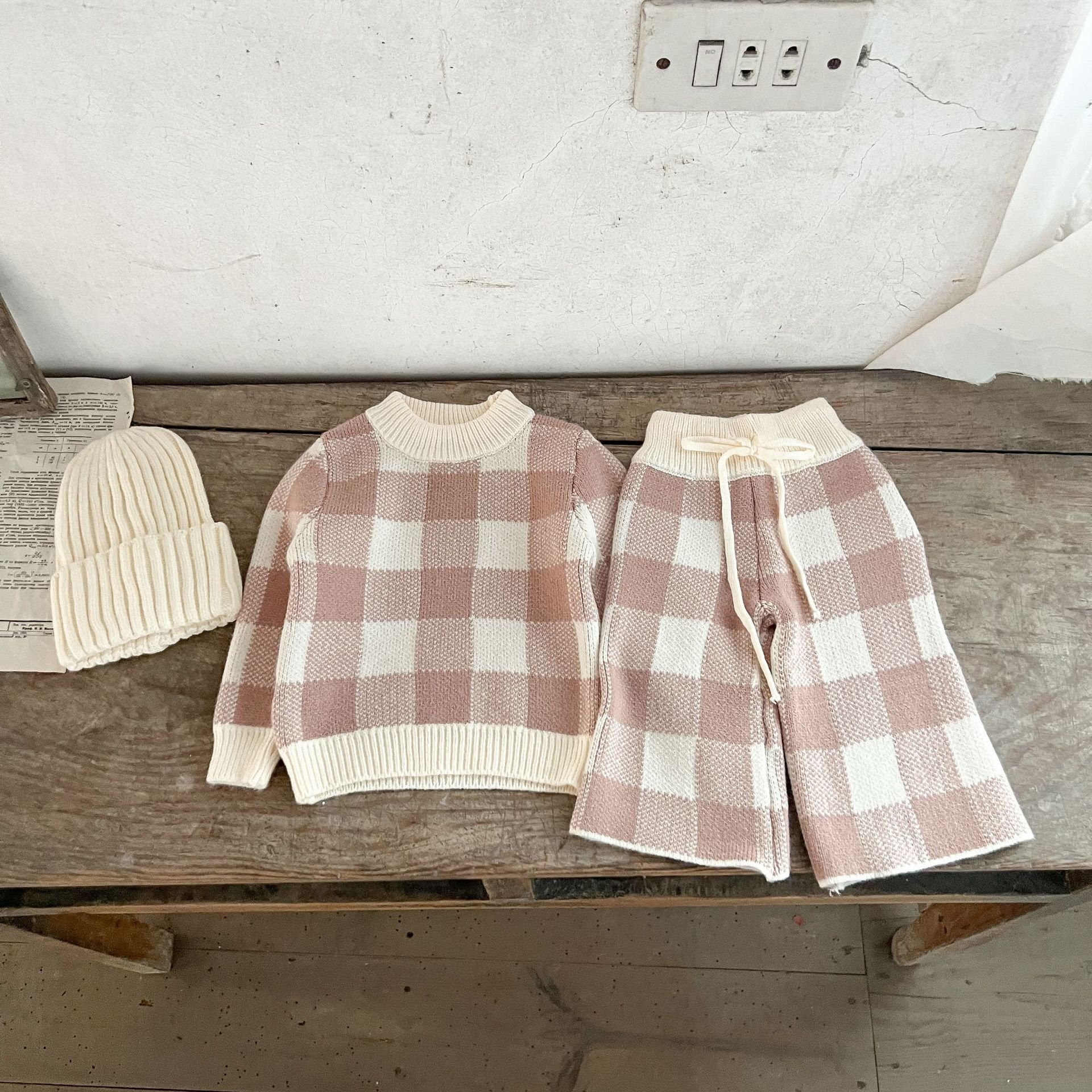 Autumn Winter Baby Boys Girls Clothing Sets Plaid Sweater + Pants Infant Toddler Knit Pants Set