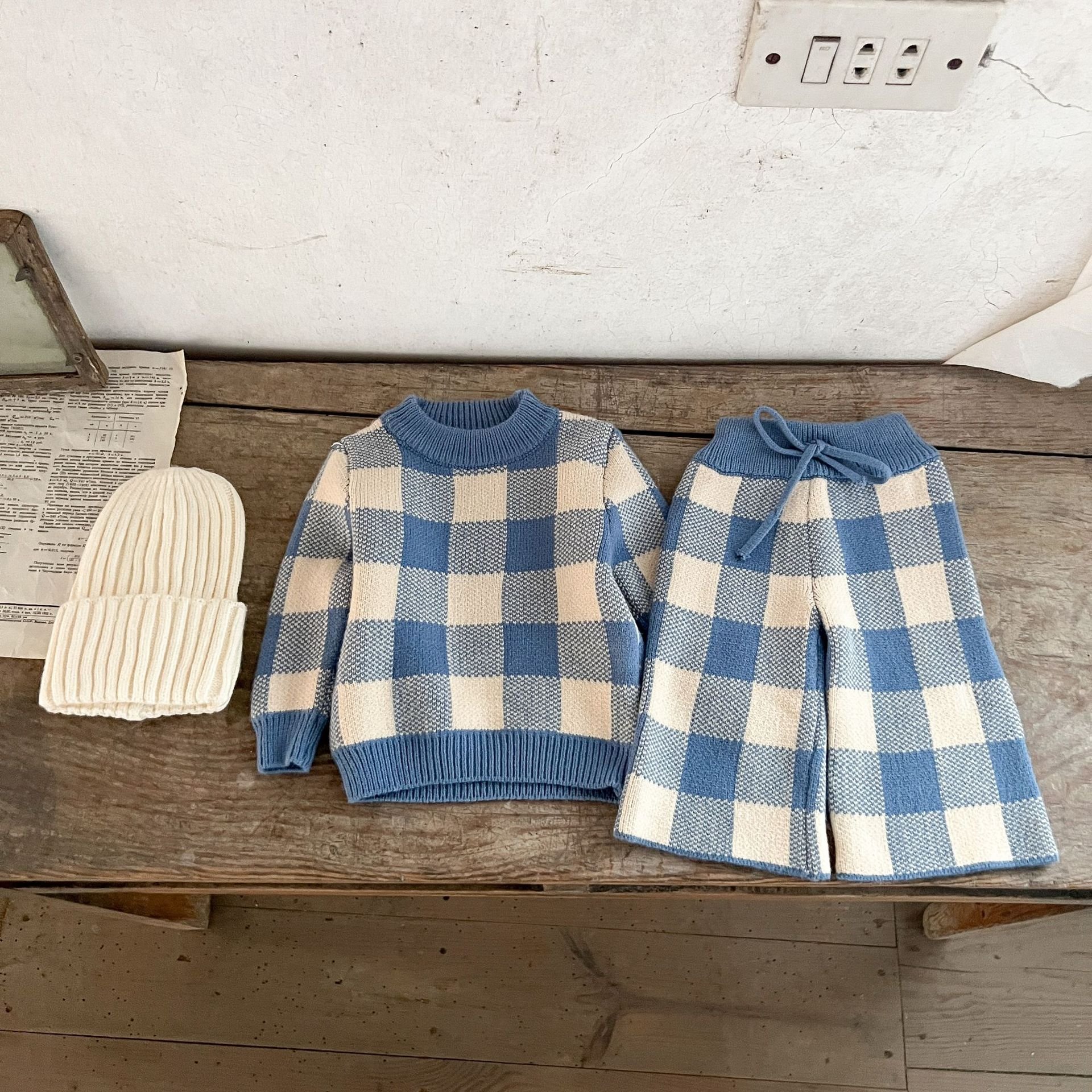 Autumn Winter Baby Boys Girls Clothing Sets Plaid Sweater + Pants Infant Toddler Knit Pants Set