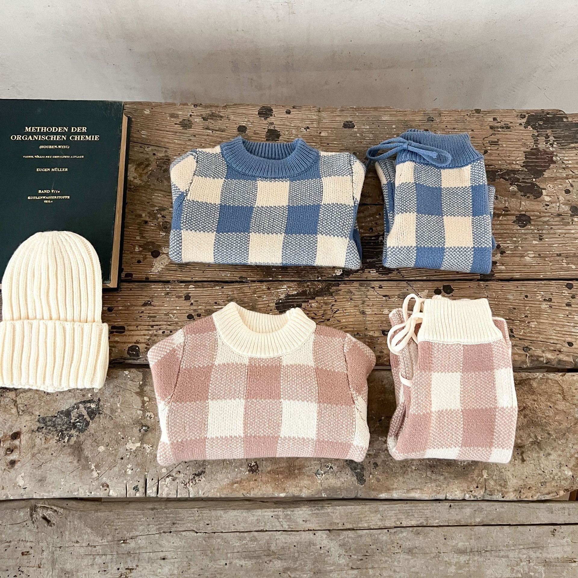 Autumn Winter Baby Boys Girls Clothing Sets Plaid Sweater + Pants Infant Toddler Knit Pants Set