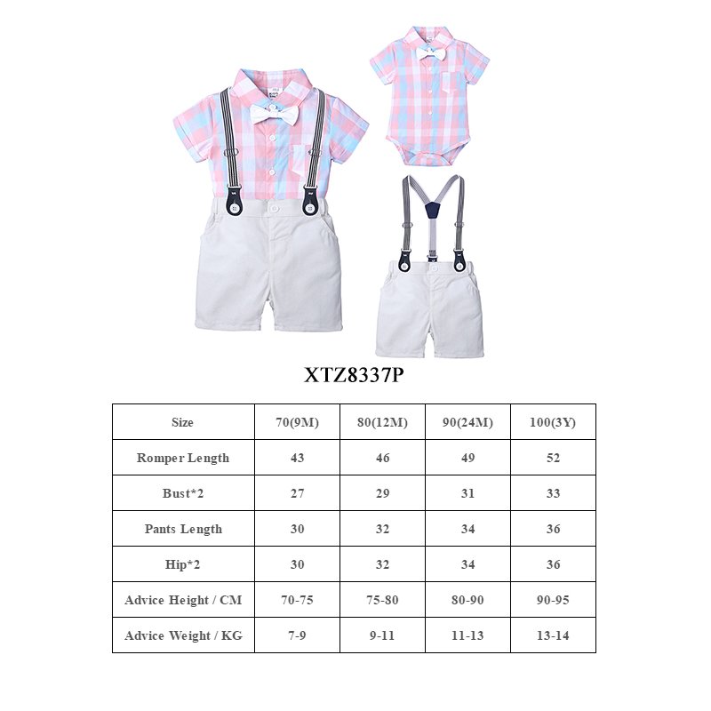 Baby Boy Clothing Set Summer clothing kids Boys Clothing plaid Short Sleeve Rompers + bib Shorts Boy Clothes Sets