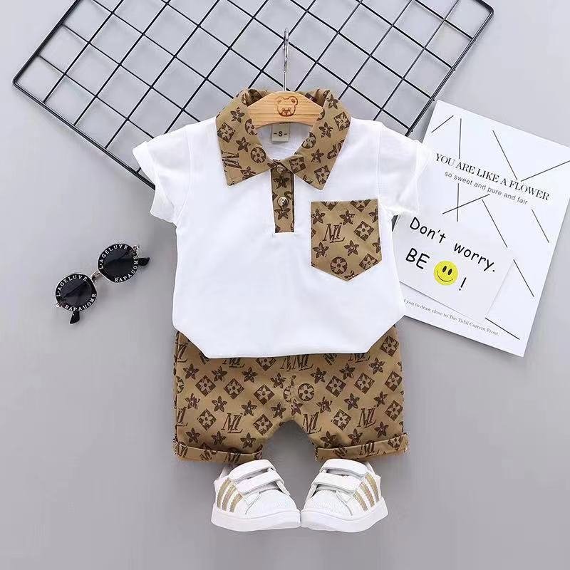 Toddler Kids Fashion Clothing Outfit Baby Short Sleeve Shirt Children Matching Suit Luxury Design Boys Two Pieces Clothes Set