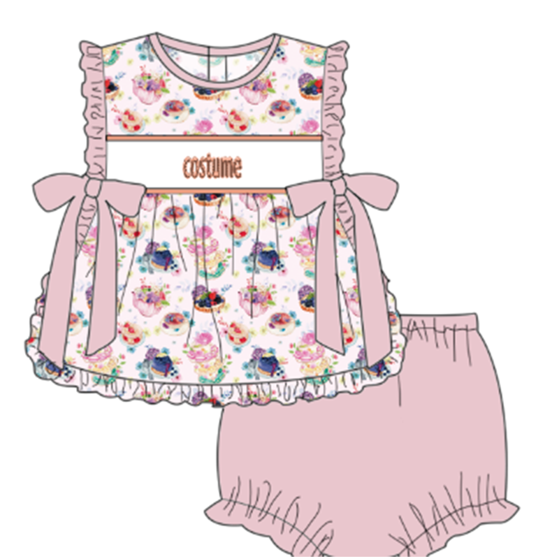 Yihui custom name smocked kids clothes spring children clothing 100% cotton knit fabric sweet floral summer baby girl outfit