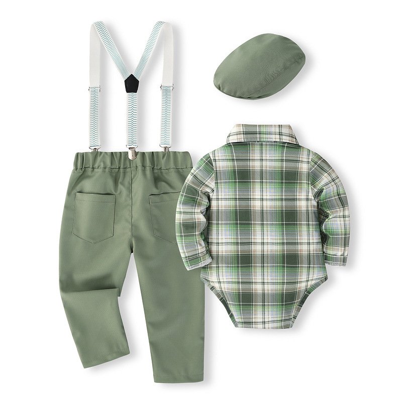 Baby Formal Set Spring 2024 New Plaid Gentleman Wear Jumpsuit Suspender Pants Set Baby Clothing Summer Wear