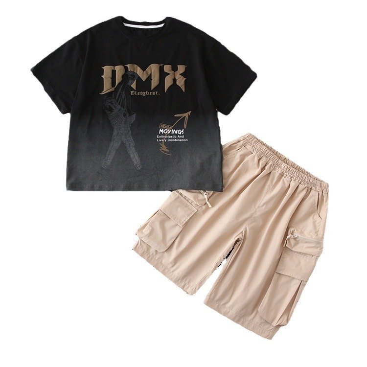 2024 Summer New Kids Sports Puff Print T-Shirt Cargo Shorts Two-Piece Boys' Set Kids Clothes Teen Boys Clothing Wholesale