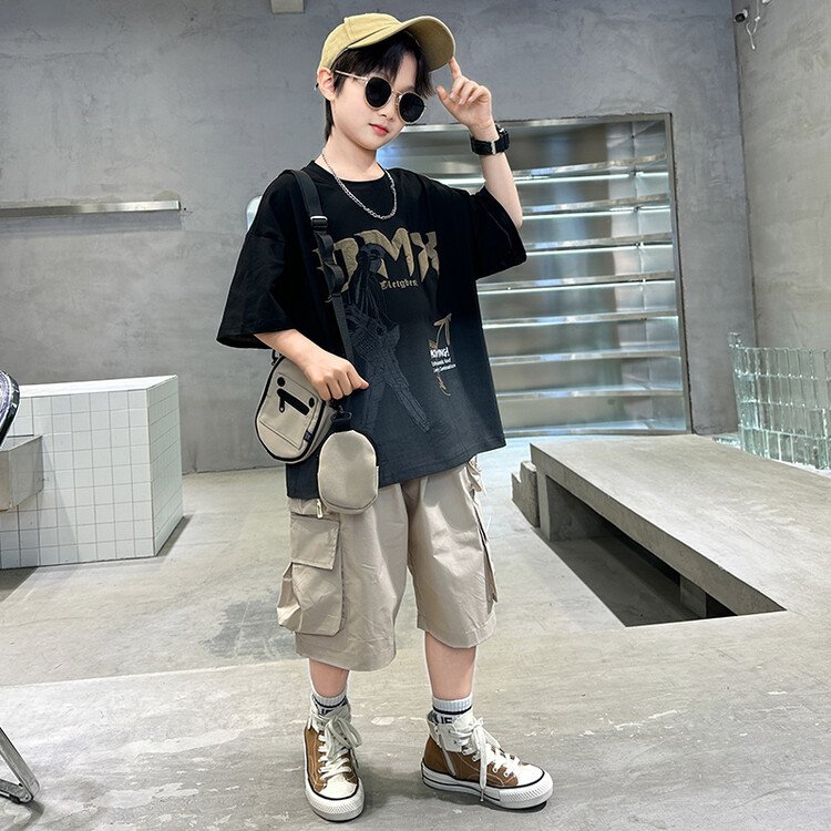 2024 Summer New Kids Sports Puff Print T-Shirt Cargo Shorts Two-Piece Boys' Set Kids Clothes Teen Boys Clothing Wholesale
