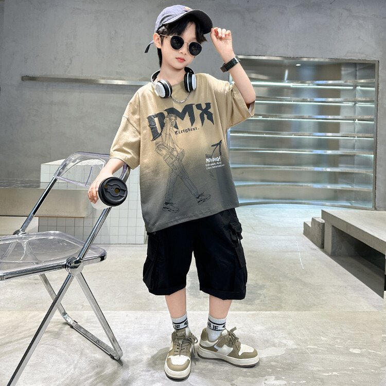 2024 Summer New Kids Sports Puff Print T-Shirt Cargo Shorts Two-Piece Boys' Set Kids Clothes Teen Boys Clothing Wholesale