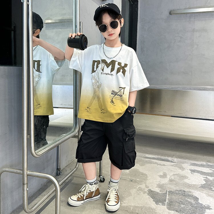 2024 Summer New Kids Sports Puff Print T-Shirt Cargo Shorts Two-Piece Boys' Set Kids Clothes Teen Boys Clothing Wholesale