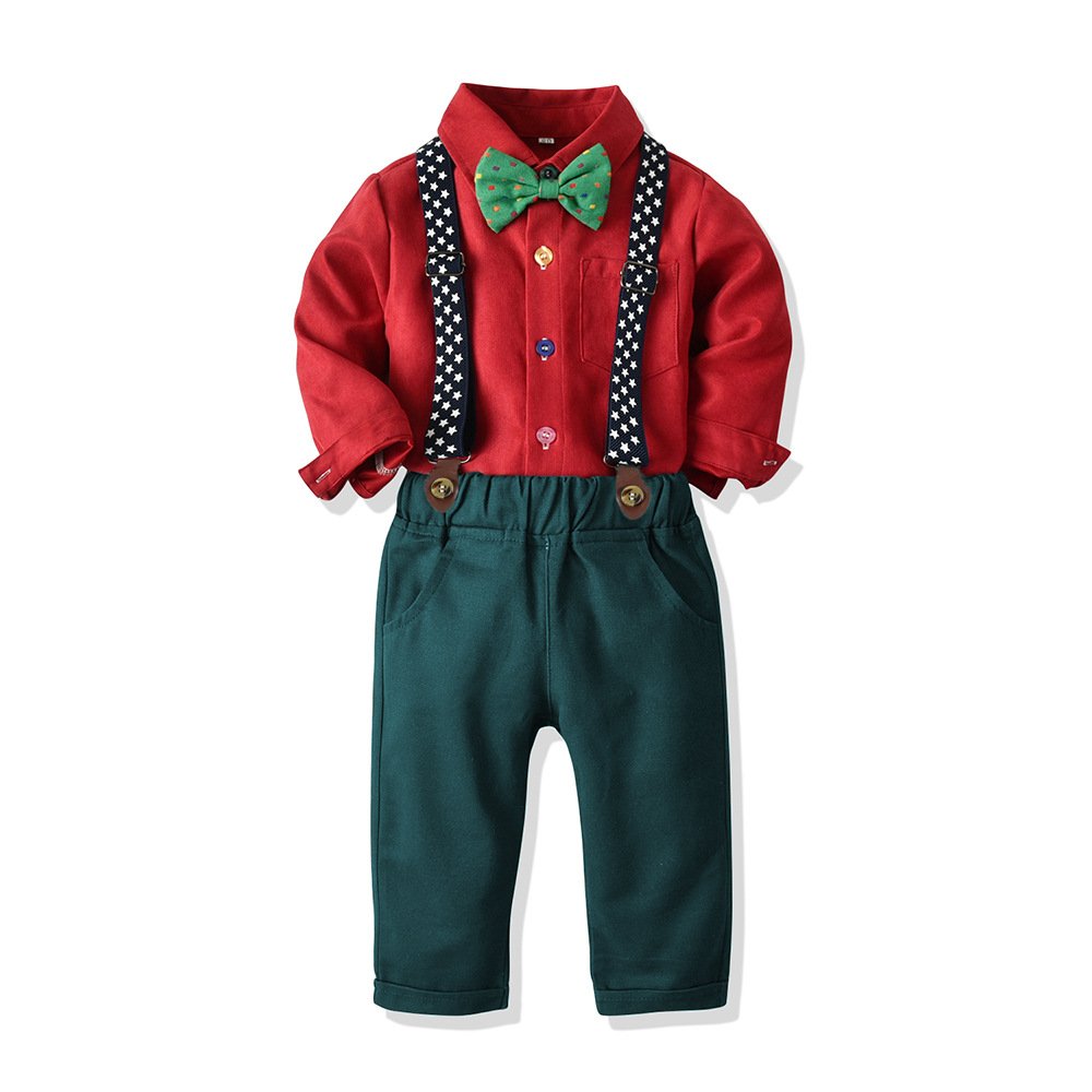 Autumn Children's Cotton Suit Boys Long Sleeve Shirt with Belt Pants Casual Dress for Christmas Party Evening