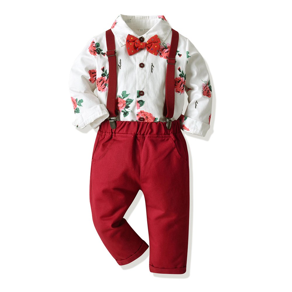 Autumn Children's Cotton Suit Boys Long Sleeve Shirt with Belt Pants Casual Dress for Christmas Party Evening