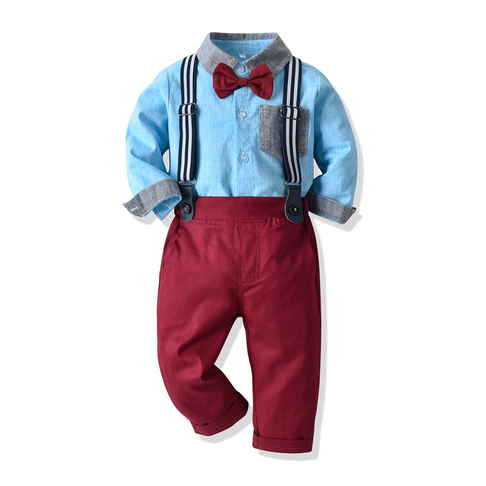 Autumn Children's Cotton Suit Boys Long Sleeve Shirt with Belt Pants Casual Dress for Christmas Party Evening