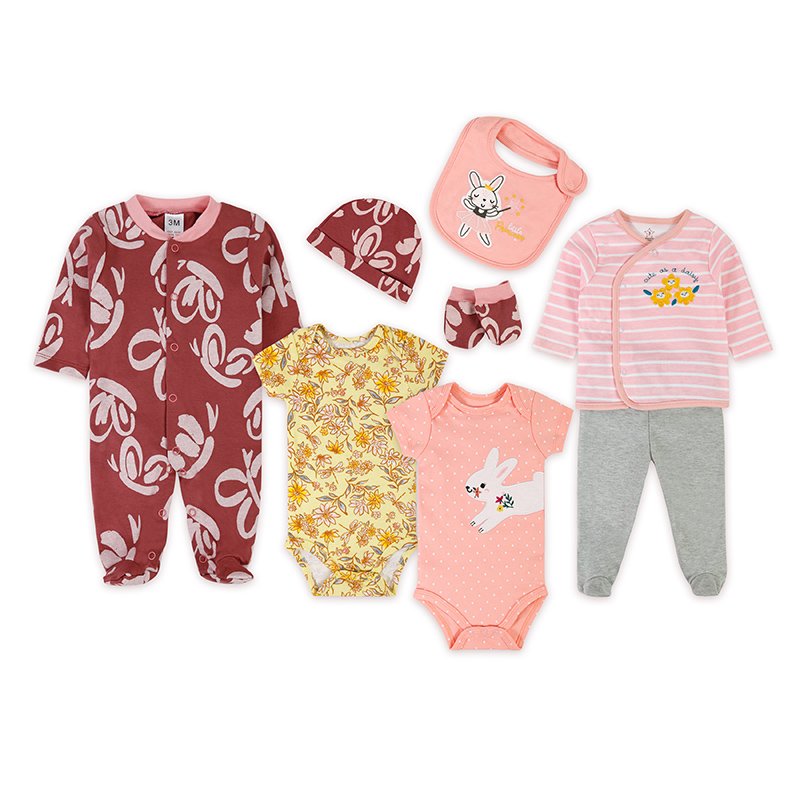8 Pieces Comfortable Baby girls cloth Sets ith bib &hat & socks romper set long sleeve bodysuit