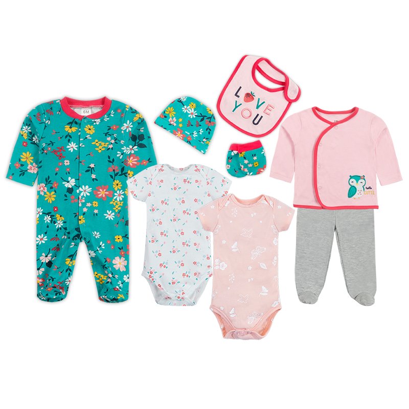 8 Pieces Comfortable Baby girls cloth Sets ith bib &hat & socks romper set long sleeve bodysuit