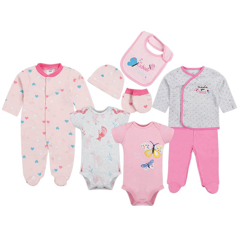 8 Pieces Comfortable Baby girls cloth Sets ith bib &hat & socks romper set long sleeve bodysuit