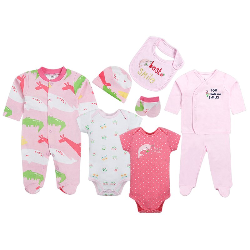 8 Pieces Comfortable Baby girls cloth Sets ith bib &hat & socks romper set long sleeve bodysuit