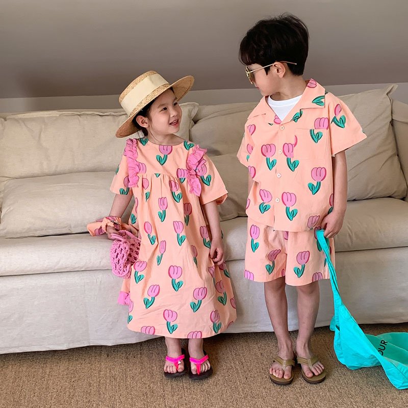 Summer Children Clothing Set Brother And Sister Clothes Boys Tee And Shorts Set Tulip Dress for Girl