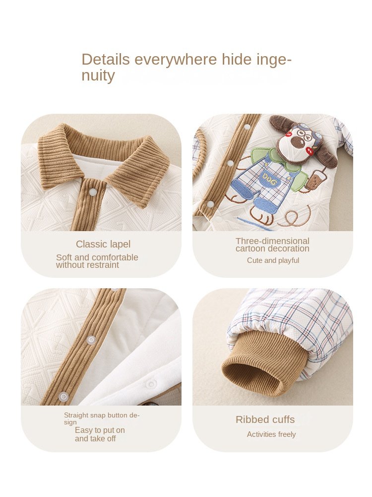 Autumn Winter Thickened Cotton-Padded Outgoing Clothes For Newborn Boys Fleece-Lined Baby Climbing Suits Baby Clothing Sets