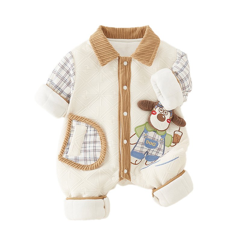 Autumn Winter Thickened Cotton-Padded Outgoing Clothes For Newborn Boys Fleece-Lined Baby Climbing Suits Baby Clothing Sets