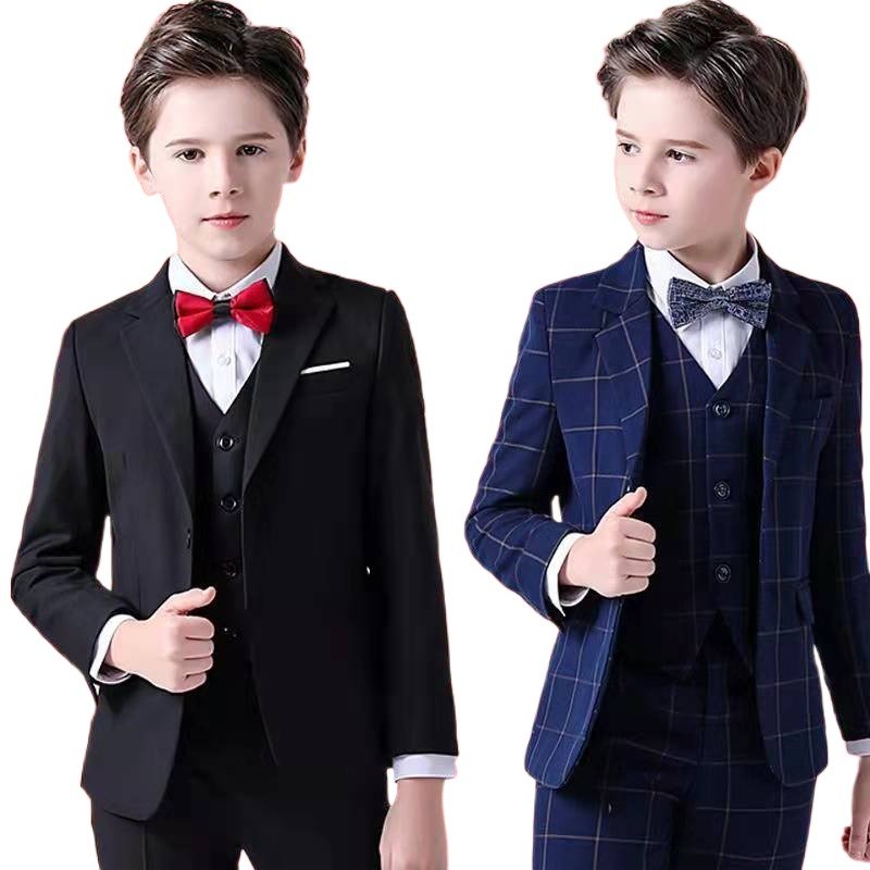 2023 New Children Clothing Blazer Casual Boy's Suit 3 pieces Sets vest and pant performance stage Blue Plaid Suit and Pants Set