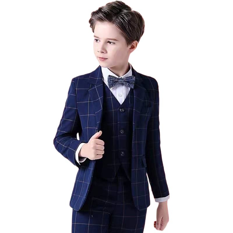 2023 New Children Clothing Blazer Casual Boy's Suit 3 pieces Sets vest and pant performance stage Blue Plaid Suit and Pants Set