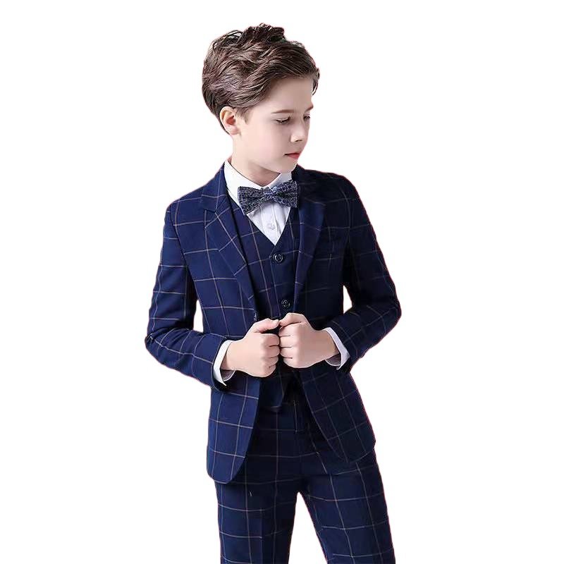 2023 New Children Clothing Blazer Casual Boy's Suit 3 pieces Sets vest and pant performance stage Blue Plaid Suit and Pants Set