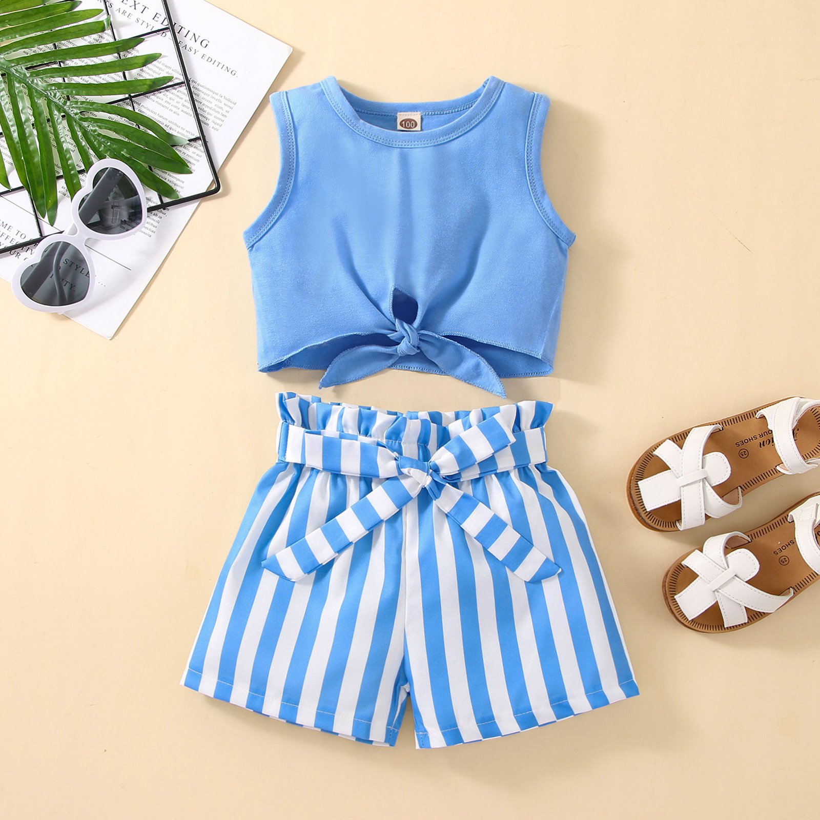 Fashion Two-Piece Cotton Clothing Sets Toddler Boys Seaside Vacation Inspired Baby Sleeveless Top Striped Shorts Girls Casual